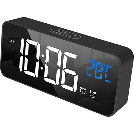 Despertador con espejo LED silencioso y multifuncional con indicador de temperatura – Decoración moderna para oficina/dormitorio – ABS negro (1/5)