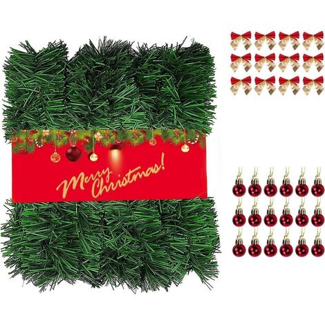 Weihnachtsgirlande 22m mit 45 Schleifen & 45 Kugeln, Tannengrün Deko Indoor/Outdoor