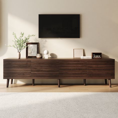 Meuble TV 75 pouces 180x40x46 cm, 4 portes ajourées sans poignées, 6 compartiments, passe-câbles, 8 pieds, MDF et aggloméré - Noyer (1/5)