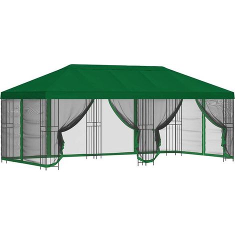 Un gazebo de 6 x 3 mètres avec parois latérales, construit en fibre de polyester verte et en acier, 190 cm de haut. (1/5)