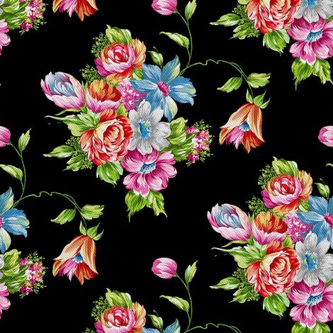 Tela decorativa para exteriores Oxford - motivos de ramos de flores sobre fondo negro (1/5)