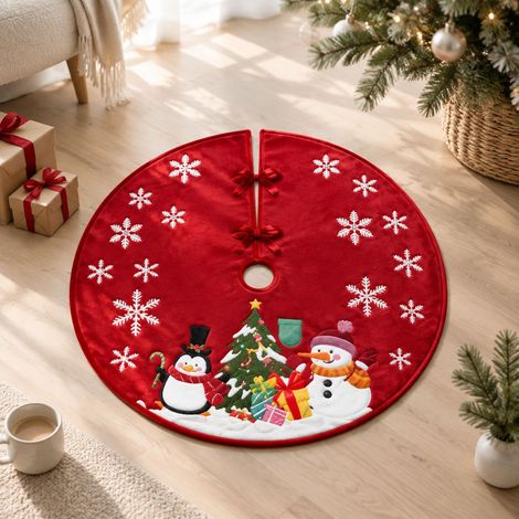 FLITI-Jupe de Sapin de Noël 90cm Velours Rouge Motif Animaux Hiver Décoration Arbre Noël Festive Doux Réutilisable (1/5)