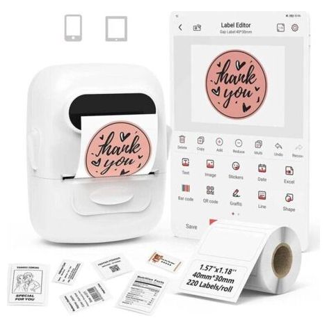 Etiqueteuse Imprimante Etiquette Code Barre Mini Machine a Etiquettes Autocollantes Label Maker Bluetooth Thermique P50 Compatible avec Les Smartphone et PC (Blanc, 1 Rouleaux de Papier) (1/4)