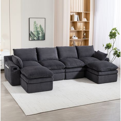 Divano modulare 335x167x85 cm in velluto a coste grigio scuro con 2 pouf - MEUBLIV (1/5)