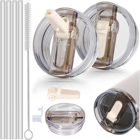 Lot de 2 couvercles anti-fuite - 100 ml - Couvercle de tasse - Anti-fuite - Avec 4 pailles et 1 brosse à paille - Couvercle de rechange pour gobelets de 100 ml (1/5)