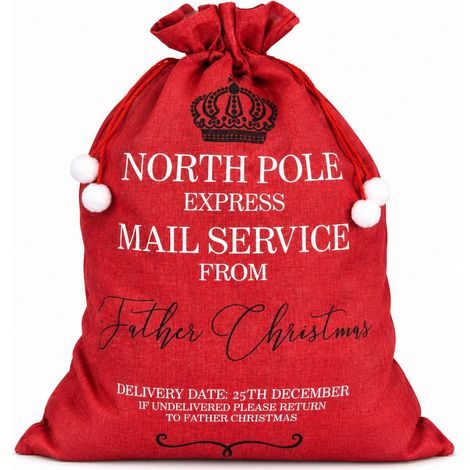 6cm Red Hessian Christmas Sack with North Pole Express Mail Print (1/5)