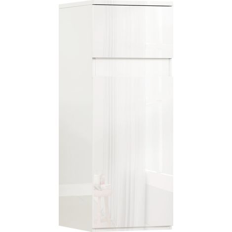 Meuble de salle de bain mural avec tiroir, porte laquée et étagère en verre réglable, blanc (1/5)