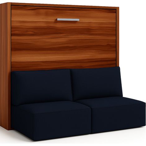 Lit escamotable horizontal avec banquette & coffres LOGIA Bleu marine-160x200-Canapé Bleu marine-Structure Noyer (1/5)
