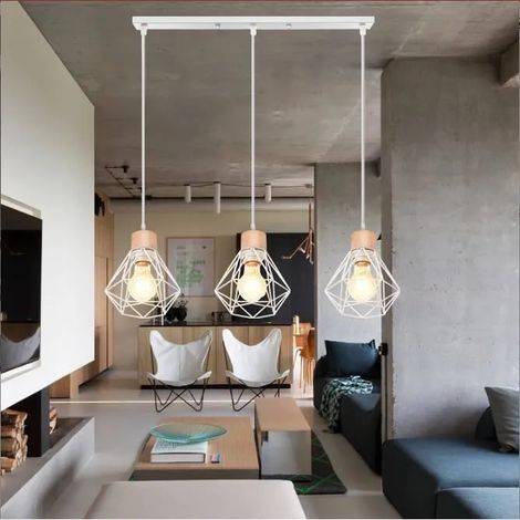 E27 Moderne Suspension Luminaire Industrielle Blanc,Lustre Plafonnier Vintage en Cage Fer pour Salon Chambre (1/4)