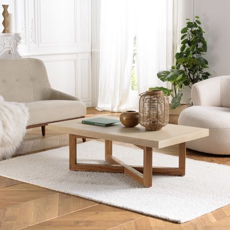 DAK - Table basse rect. 120x70cm en béton et bois de teck beige (1/5)