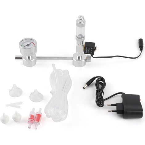 Kit generador de CO2 para acuario DIY con válvula solenoide, contador de burbujas y válvula de seguridad – aleación de aluminio, plata (1/5)