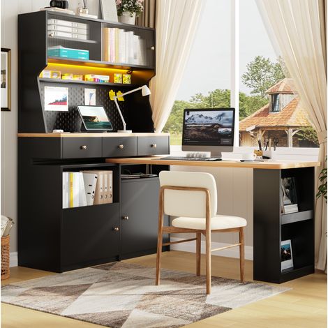 Bureau droit 137x74x177,7 cm avec bureau intégré, LED USB, rangements modulables, MDF et verre - noir (1/5)