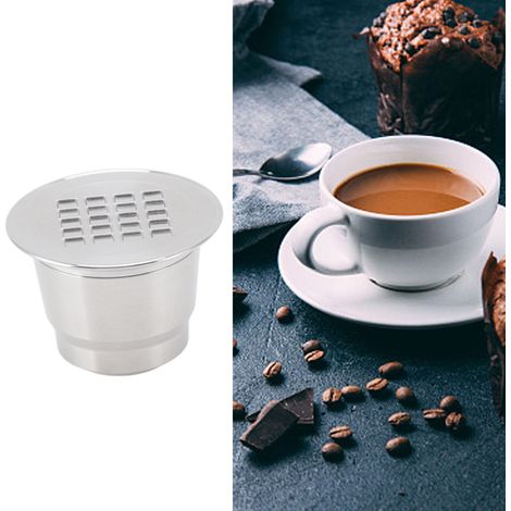 Cápsula de café reutilizable de acero inoxidable, compatible con Nespresso - 2 anillos de silicona y juego de accesorios (3,6 x 3,6 x 2,8 cm) (1/5)