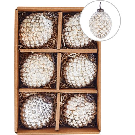 Lot de 6 Boules à Suspendre au Sapin de Noël Pomme de Pins Fait à la Main en Verre Blanc Cassé Laiton (1/5)