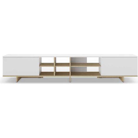 Mueble para televisión 2 puertas y 6 huecos Celia acabado blanco/roble, 44cm(alto) 230cm(ancho) 35.6cm(largo). (1/5)