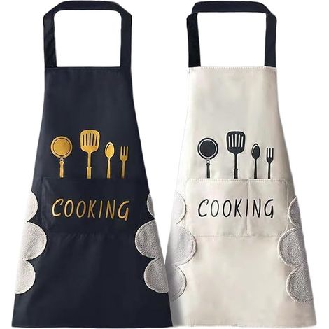 Lot de 2 Tabliers de Cuisine en Coton Imperméable, Tablier Noir & Blanc Ajustable avec 2 Poches BBQ (1/5)