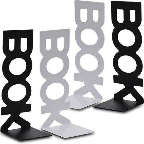 2 paires de serre-livres en métal pour étagères de bureau, écoles, salons, librairies et bibliothèques (noir et blanc)
