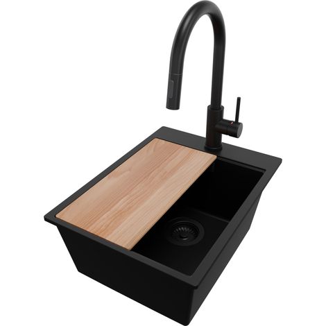 PRIMAGRAN Evier Cuisine en Granit 38x50cm, Lavabo 1 bac + Robinet 40x20cm + Kit de Vidage + Accessoire, Évier à Encastrer au meuble 40cm - Oslo, Tout Noir (1/5)