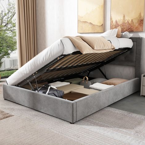 Letto imbottito Chesterfield 140x200 cm in velluto grigio, struttura in acciaio, testiera capitonné, vano contenitore bilaterale (1/5)