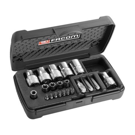 Facom – Coffret cliquet et douilles TORX TX10-40 – 19 embouts – Pour travaux de précision – Coffret plastique 204x122x52mm