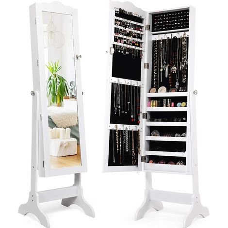COSTWAY Schmuckschrank neigungsverstellbar, Schmuckregal abschliessbar, Schmuck Spiegelschrank mit Ganzkoerperspiegel fuer Make-up, weiss (1/5)