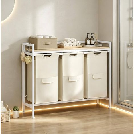 Cesto portabiancheria a 3 scomparti estraibili con ripiano in metallo e legno 96 x 30 x 71 cm (1/5)
