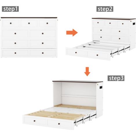 Armoire-lit - GUTENT - 140x200 - Blanc - Avec tiroirs - USB intégré