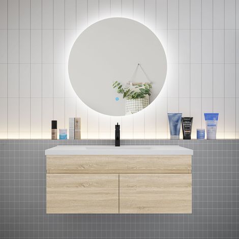 Biubiubath Ensemble meuble Salle de Bain L.100cm Chêne + vasque + Miroir 100cm Dimmable Rond (1/5)