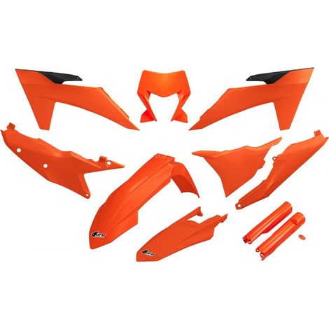 KIT COMPLETO DI PLASTICHE UFO CON PROTEZIONI TELESCOPICHE (AMMORTIZZATORI) PER KTM EXC 150 / 250 / 300 TBI '24-'25, EXC-F 250 / 350 / 450 / 500 '24-'25 ARANCIONE