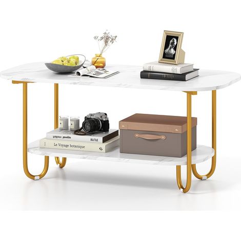 COSTWAY Tavolino da Caffè per Salotto a 2 Livelli, Tavolino Basso Rettangolo con Piano Effetto Marmo, Tavolino da Divano Moderno per Soggiorno,100 x 50 x 45 cm, Bianco e Oro (1/5)