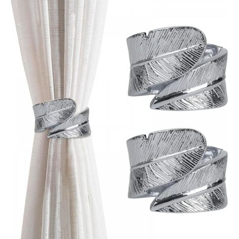 Lot de 2 embrasses de rideaux décoratives en métal avec plumes pour salon, café, maison, bureau - Argenté (1/5)