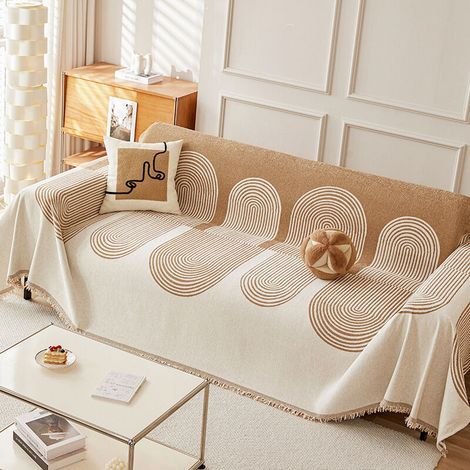 Reversible Chenille Sofa Cover, Dog Sofa Cover, Multifunctional Sofa Protector, Geometric Line Pattern, Non-Slip, with Tassel (Beige, 1801) (1/3)