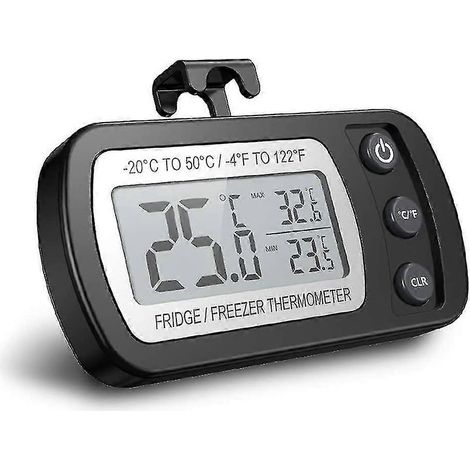 Thermomètre numérique pour réfrigérateur et congélateur, étanche, avec crochet, écran LCD facile à lire, fonction d'enregistrement des températures maximales et minimales, idéal pour la maison (noir). (1/5)