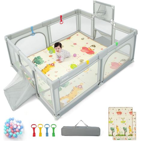 Large Baby Playpen Activity Centre w/Mat Basketball Hoop Soccer Nets &Pull Rings (1/5)