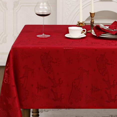 Weihnachts-Tischdecke 150x350 cm Rot abwaschbar Jacquard Rentier Weihnachtsbaum