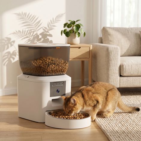 Distributeur Automatique de Croquettes Chat et Chien 4L, WiFi 2.4G, Pilotage via Application avec Caméra Intégrée, Gamelle Incluse, Blanc (1/5)