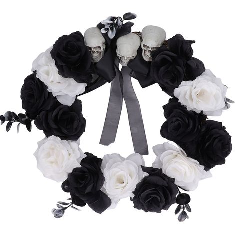 Jeffergarden Couronne d'Halloween en bois mort, crne en plastique, fleurs noires et blanches, accessoire de décoration pour fête, maison hantée (1/5)
