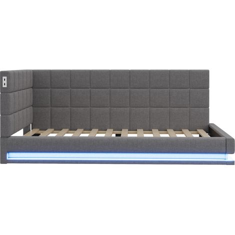 Cama capitoné convertible 90 x 200 cm con LED, USB y somier, tejido gris (1/5)