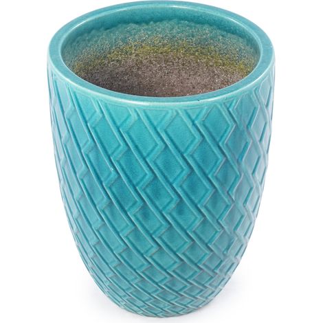 Vaso da fiori in ceramica fatto a mano 42 cm, finitura lucida blu turchese, motivo a rombi (1/5)
