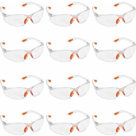 Paquete de 12 gafas de seguridad transparentes: lentes de plástico, puente nasal y patillas de goma para mayor comodidad. Gafas transparentes EPI FDC.