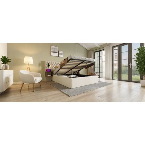 Bettanlage Schlafzimmer Komplett Set,Polsterbett Hydraulisch Stauraumbett Doppelbett 180×200 cm mit 2 Nachttischen, Kopfteil Leselicht mit USB Ladefunktion, Beige, Samt(Ohne Matratze) (1/5)