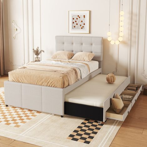 Lit rembourré, 90 x 200 cm (90 x 190 cm), lit familial, lit avec trois tiroirs, lit gigogne, tête de lit réglable, sans matelas, beige (1/5)