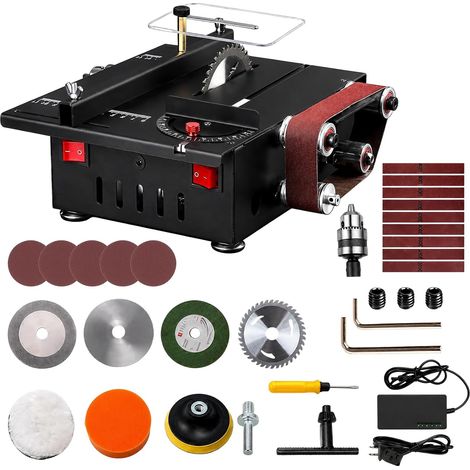Mini Scie Circulaire de Table 200W 2800 tr/min avec Ponceuse à Bande – Scie Électrique avec 4 Lames 10 Bandes Abrasives, Vitesse Variable, Angle de Coupe 0–90° et Profondeur 30 mm (1/5)