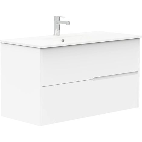 Meuble de Salle de Bain Gavin, 2 tiroirs, Suspendu au Mur, avec lavabo en céramique, différentes Finitions, livré monté, sans Miroir, 100 cm, Blanc (1/5)