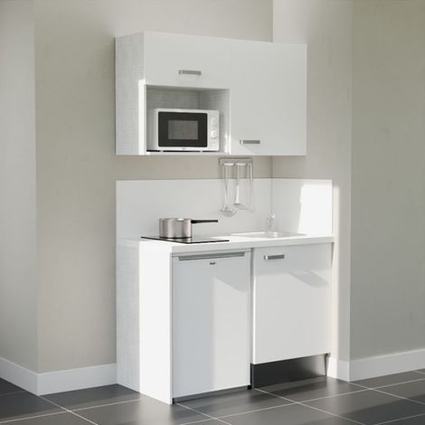 Kitchenette K07L-PT - 120 cm - plan stratifié, évier inox, - Façade Blanc - Plan Blanc - Crédences Oui + Electroménager inclus coloris Blanc (1/5)