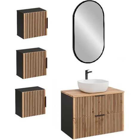 Ensemble meuble vasque à poser + 4 éléments - 80 cm - Sylve Black Wotan - Livraison gratuite