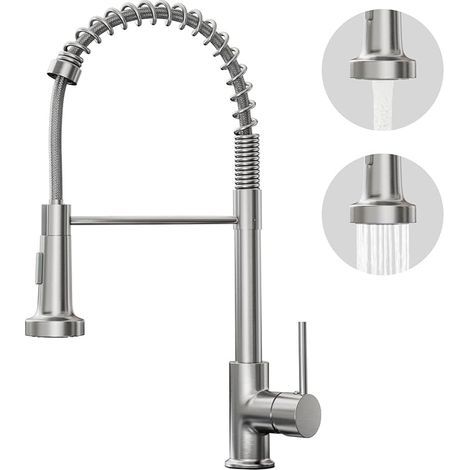 Robinet de Cuisine avec Douchette Extractible, Pulvérisateur Escamotable à 2 Modes de Pulvérisation, Mitigeur Évier Monocommande 360° Pivotant à Arc Élevé, Nickel Brossé (1/5)