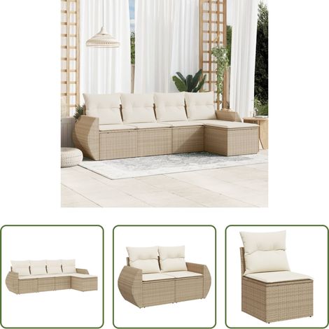 Gartensessel - 5-tlg. Garten-Sofagarnitur mit Kissen Beige Poly Rattan (1/5)