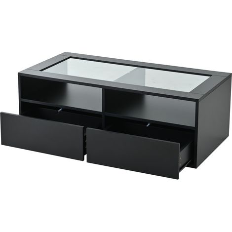 Mesa de Centro Negra 100 x 50 x 35 cm con LED, 2 Cajones y Panel de Vidrio (1/5)