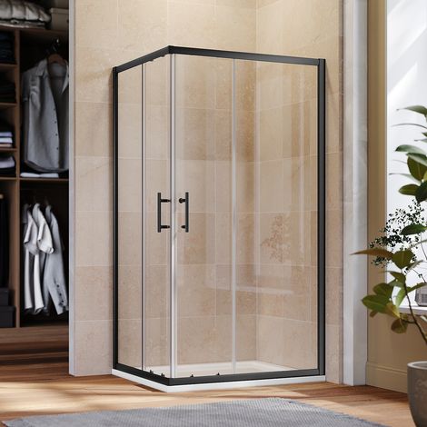1000x800mm ELEGANT Sliding Shower Door Enclosure Black Frame Corner Entry Cabin 6mm Extra Toughened Safety Glass with Rectangular SMC Tray and Waste Trap (1/5)